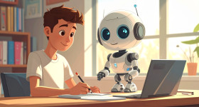 Firefly A small friendly robot personal tutor standing on a desktop alongside a laptop. He 619429